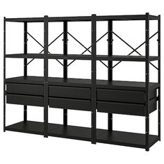 a black shelf with drawers and shelves on it