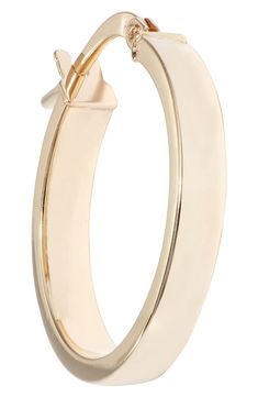 Timeless elegance defines these highly polished hoop earrings handcrafted from luminous 14-karat gold. 3/4" hoop diameter; 1/8" width Snap-post closure 14k gold Made in Italy Timeless Oval Hoop Earrings With Polished Finish, Timeless Yellow Gold Hoop Earrings With Shiny Finish, Elegant Hinged Yellow Gold Huggie Earrings, Formal 14k Gold Small Hoop Huggie Earrings, 14k Gold Small Hoop Huggie Earrings For Formal Occasions, 14k Gold Huggie Hoop Earrings With Polished Finish, Luxury 14k Gold Oval Hoop Earrings, Timeless 14k Gold Oval Hoop Earrings, Modern Single 14k Gold Hoop Earring