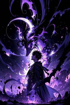 an anime character standing in front of purple and black clouds, with her hair blowing in the wind