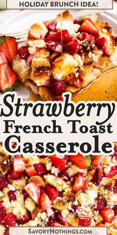 strawberry french toast casserole on a white plate