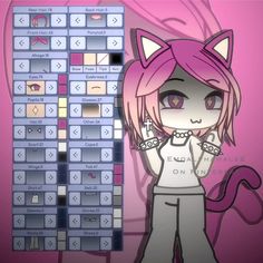 an anime character with pink hair and cat ears standing in front of a computer screen