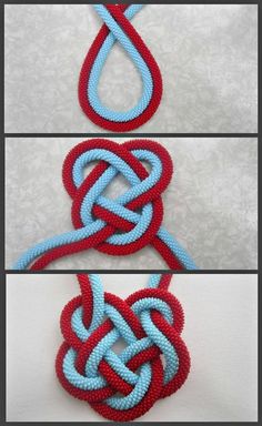 three different pictures of red and blue ropes with one knot in the middle, another knot at the end