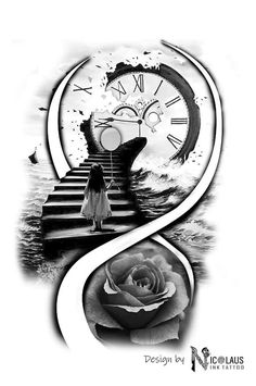 a woman is walking up some steps with a rose in front of her and a clock on the wall behind her