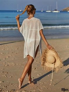 Bjux - Chic Floral Print Crochet Knit Sweater - Stylish V Neck Split Hem Summer Beach Wear - Womens Fashion White Knit Beachwear Cover-up, Knitted Crew Neck Top For The Beach, Casual Knitted Beach Cover-up, Casual Knitted Beach Season Cover-up, Casual Knitted Cover-up For Beach Season, White Knitted Cover-up For Vacation, One Size V-neck Top For Beach, Summer Knitted Beach Cover-up, Stretch Open Knit Beach Cover-up