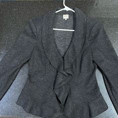 Beautiful, Barely Worn Armani 100% Lana Wool Suit. Adorable Jacket Has Front And Bottom Ruffles. Hidden Button Up Front With Eyelets At Top And Bottom Of Jacket. Back Of Skirt Has Hidden Zipper. Excellent Condition, No Signs Of Wear, Snags, Or Stains. This Will Fit Size 8 To 10, Very Well Fitted So Probably Will Not Fit A Size 12. Elegant Gray Long Sleeve Blazer, Elegant Fitted Gray Outerwear, Fitted Gray Outerwear For Office, Armani Collezioni, Cute Jackets, Wool Suit, Very Well, Ruffles, Suit Jacket