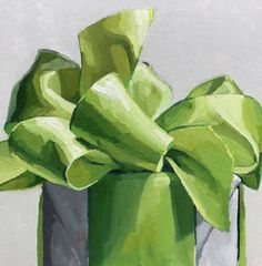 an oil painting of a green vase with flowers in it's top and bottom