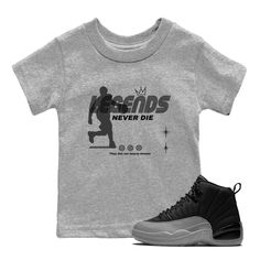 Legends Never Die SNRT Sneaker Tees Kids - Air Jordan 12 Black Wolf Grey From TeeCowBoy x PeckShirt. The online streetwear fashion brand SNRT Sneaker Tees for perfect t-shirts to match sneakers. | Baby and Kids sized sneaker match tees that perfectly match your Air Jordan 12 Black Wolf Grey | Stylish and trendy sneaker match shirts are made for all sneakerhead needs!Please note that the sneaker DOES NOT come with the t-shirt.The sneaker is only intended to show the sneaker match.Please a ... Jordan 4 Fear, Hell Hounds, Jordan 12 Black, Jordan Shirt, Jordan 4 White, Legends Never Die, Air Jordan 12, Summer Graphic Tee, Sneaker Match Tees