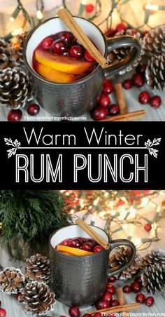 warm winter rum punch with apples, cranberries and cinnamon sticks in a mug