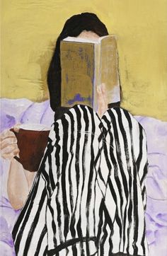 a painting of a person with a book on their head, sitting in bed and holding a cup