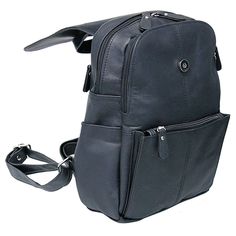 A practical size women's long lasting black leather backpack purse. This medium size backpack is made of heavy cowhide leather with a top handle and double shoulder straps that are adjustable. A magnetic flap top covers two top load large zippered main compartments, with a small inside zip pocket, two small side pockets and a center front zipper pocket, ideal for your large cell phone and help keep your stuff organized. [4#] measures approximately 11 x 7 x 4 adjustable backpack straps top side handle magnetic flap top covering 2 large zipper compartments inside zipper pocket in the largest compartment two small side pockets front and center large zip compartment ideal for you large cell phone. top grain leather durable cowhide leather IMPORTANT SPECIFICATIONS: LEATHER: Cowhide is a standar Anti-theft Leather Backpack, Leather Anti-theft Backpack For Daily Use, Leather Anti-theft Backpack For Everyday, Travel Leather Backpack With Anti-theft Features, Rectangular Anti-theft Leather Travel Backpack, Functional Leather Anti-theft Backpack, Black Leather Backpack With Adjustable Strap For Trip, Functional Leather Shoulder Bag With Anti-theft Features, Anti-theft Leather Travel Backpack