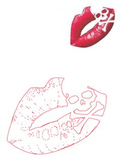 a drawing of a skull and a red lipstick with the word love written on it