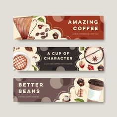 two coffee banners with different items on them