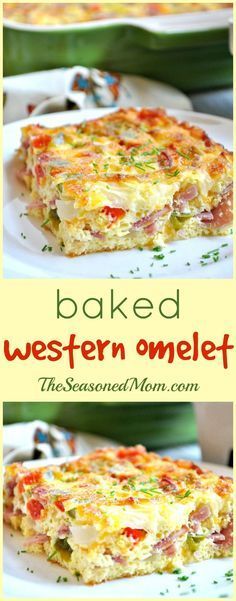 baked western omelet with bacon, cheese and vegetables in it on a white plate