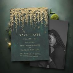 an image of a wedding card with gold foil on the front and back, featuring leaves