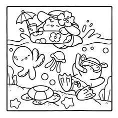 an ocean scene with animals and fish in the water coloring page for children to color