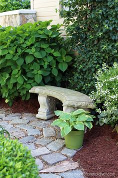 a stone bench sitting in the middle of a garden