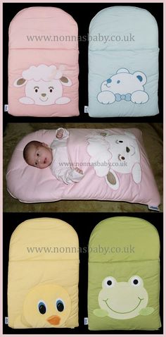 four baby blankets with cartoon animals on them, one is sleeping and the other is laying down