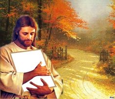 jesus holding a piece of paper in front of an image of a road and trees