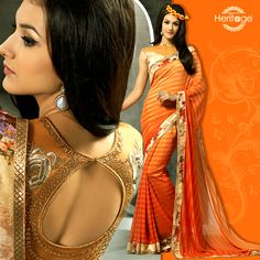 Orange Georgette Saree With Printed Border Borders Online