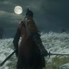 a man with two swords standing in the grass under a moon lit sky and clouds