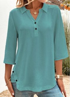 Color:Peacock Blue;Size:S;Size:M;Size:L;Size:XL;Size:XXL;Package Contents:1 X Blouse;Occasion:Casual;Style:Casual; Shirt Collar Blouse, Fashion School, Trendy Tops For Women, Stylish Plus, Casual Tops For Women, Peacock Blue, Women Shirts Blouse, Collar Blouse, V Neck Blouse