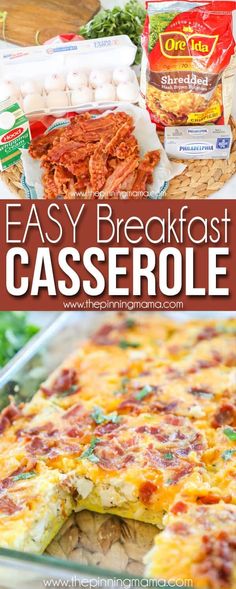 an easy breakfast casserole with bacon, eggs and cheese in it is ready to be eaten