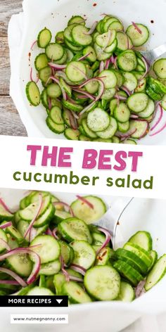 the best cucumber salad is in a white bowl