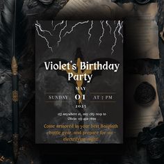 an image of a birthday party flyer with bats and lightnings on the back ground