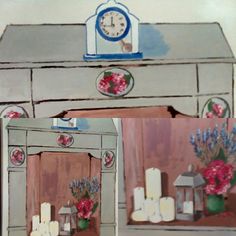 a painting of a dresser with flowers and candles on it, next to a clock