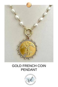 GOLD FRENCH COIN PENDANT-PORCELAIN REPLICA PEARL NECKLACE-REPRODUCTION French Coins, Commemorative Coins, Gold Wire, Coin Necklace, Coin Pendant, Gold Coins, White Porcelain, Layered Necklaces, Freshwater Pearls