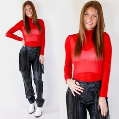 Model is wearing a sheer red bodysuit featuring rhinestones throughout, a mock neck, and longsleeves. Giddy Up Glamour, Mesh Long Sleeve, Long Sleeve Bodysuit, Rodeo, Snap Closure, Mock Neck, Bralette, Graphic Tee, Layering