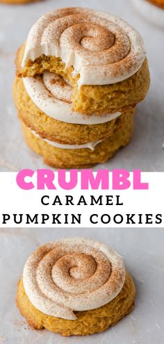 two images of pumpkin cookies with cream cheese frosting on top and the same cookie