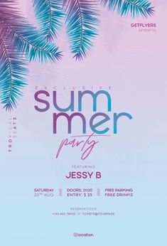 the summer party flyer is shown with palm trees