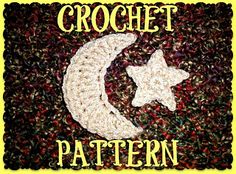 the crochet pattern is written in white and has a crescent with two stars on it