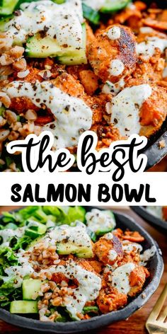 the best salmon bowl recipe with cucumbers and parmesan cheese on top