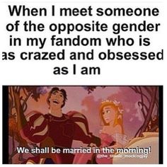 an image of the prince and princess with text that reads, when i meet someone of the opposite gender in my fandom who is as crazy and obessed as i am