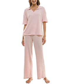 in stock Pink V-neck Sets For Pajama Party, Spring Collared Loungewear Bottoms, Pink V-neck Pajama Party Set, Spring Lounging V-neck Sets, Spring Lounging Sets With V-neck, Relaxed Fit Short Sleeve Pant Set For Loungewear, Pink Short Sleeve Sets For Lounging, V-neck Spring Pajama Party Sets, Matching Sleep Set With Long Pants