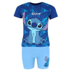 This matching pajama set is super cute. It features Disney's Stitch character largely on the from of the tee and on the bottom left corner of the matching shorts. With the palm leaf print and the light and dark blue colors, it is very Hawaiian and tropical. The fabric is cotton and is soft, lightweight, and stretchy for your child's comfort. The pajama set includes crewneck short sleeve top and fitted shorts. The shorts include an elastic waistband for a better fit. This is machine washable whic Disney Characters Stitch, Support Socks, Stitch Character, Matching Pajama, Tee Shorts, Short Pj Set, Kids Clothes Boys, Disney Lilo, Disney Stitch