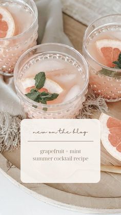 grapefruit and mint summer cocktail recipe on a platter with text overlay