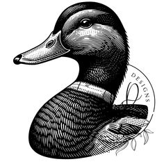 a black and white drawing of a duck with an oval frame around it's neck