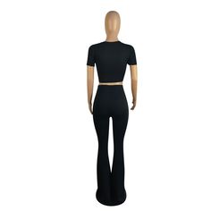 Short Sleeve Crop Top Flare Pants Two Piece Set Stretch Wide Leg Pant Set, Solid Color Stretch Wide Leg Pant Set, Wide Leg Stretch Pant Set, High Waist Solid Stretch Sets, Casual Fitted Pant Set With Straight Pants, High Waist Stretch Sets In Solid Color, Stretch High Waist Sets, Casual Fitted Solid Color Pant Set, Casual Fitted Solid Pant Set