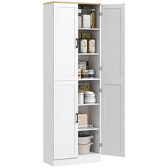 a tall white cabinet with doors open