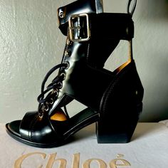 Chloe Sandals. Lace Up With Buckle. Never Worn. Brand New. Size 38 Black. Comes With Two Shoe Bags In Box Style: Ch32158a Original: $1,090.00 Purchased: 529.00 Designer Evening Sandals With Stacked Heel, Designer Open Toe Heels With Buckle, Designer Open Toe Heels With Buckle Closure, Designer Heels With Buckle Closure For Spring, Designer Black Low Heel Sandals, Designer Closed Toe Heels With Buckle, Designer Black Sandals With Low Heel, Designer Closed Toe Heels With Buckle Closure, Designer Low Heel Heels With Buckle Closure