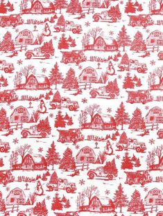 a red and white christmas fabric with trees, farm houses, and cars on it