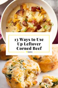 three different images with the words 13 ways to use up leftover corned beef