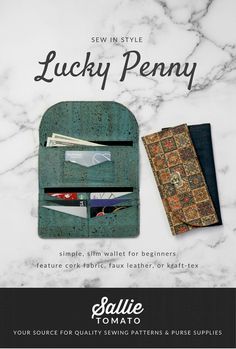 the lucky penny wallet sewing pattern is shown with its contents and instructions to sew