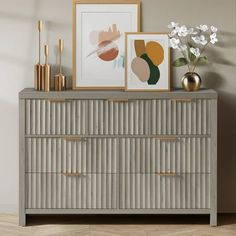 Organize your space with the ARKANTOS 7-drawer dresser. This wood dresser is designed with oak grain veneer and grooved panels, giving you an elegant and refined feel. The chest of drawers consists of 4 extra-deep drawers and 3 small drawer, which can meet your different storage needs. The drawers are made of silky metal slides and metal handles to ensure easy opening and closing. This large chest can not only be a dresser for bedroom, but also as a TV console in the living room, or as a storage Dresser Wood, Grey Dresser, Dresser For Bedroom, 7 Drawer Dresser, Grey Panels, Wood Dresser, Bedroom Furniture Dresser, Small Drawers, Tv Console