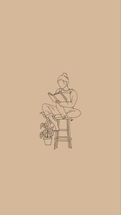 a drawing of a person sitting at a table with a plant in front of them