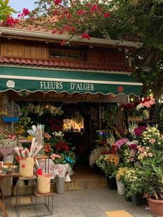 a flower shop with lots of flowers in the front and on the outside, along with other plants