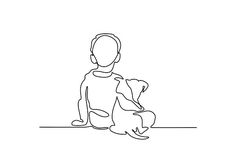 a person sitting on the floor with a dog in their lap, one continuous line drawing